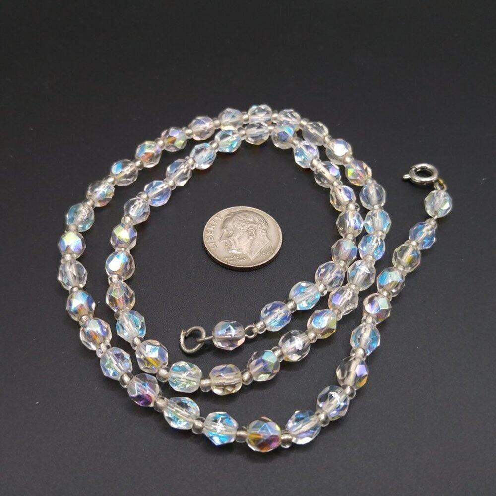 Vintage Fire Polished Clear Czech Bead Necklace, 19 1/2 Inch, Spring Ring Clasp